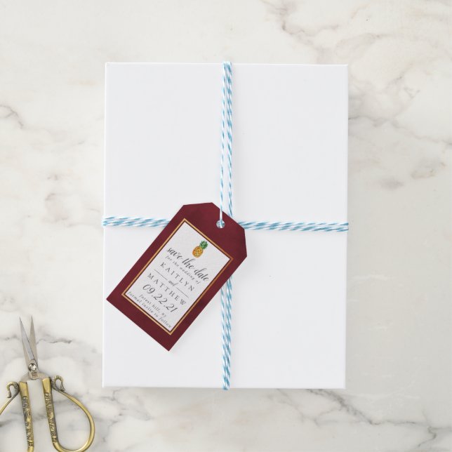 Tropische Ananas Hochzeit speichern das Datum Gesc Geschenkanhänger (Mit Garn)