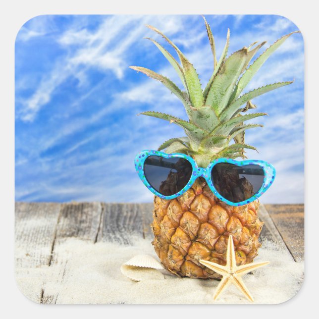 Tropische Ananas mit Sonnenbrille Quadratischer Aufkleber (Vorderseite)