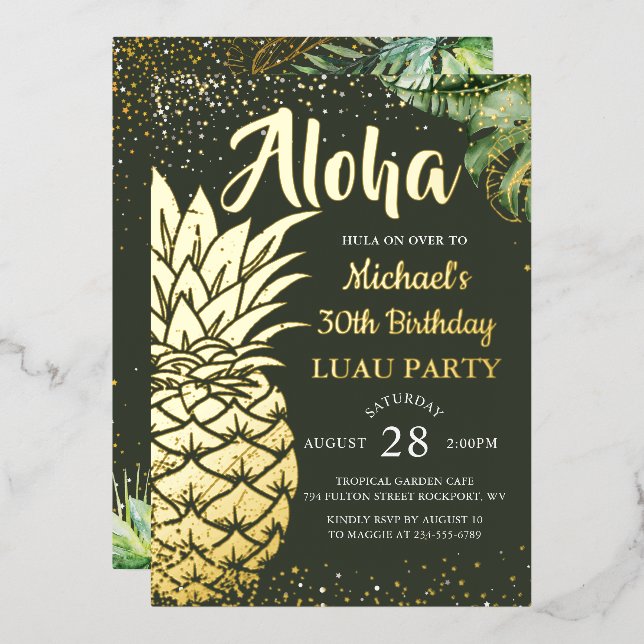 Tropische Ananas, Real Foil Tropical Pineapa Party Folieneinladung (Vorderseite/Rückseite)