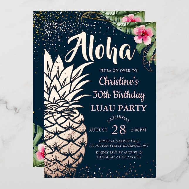 Tropische Ananas Rose Luau Folieneinladung (Vorderseite/Rückseite)