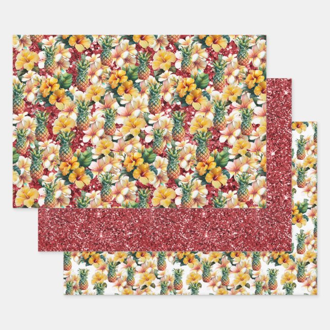Tropische Ananas Roter Glitzer Geschenkpapier Set (Set)