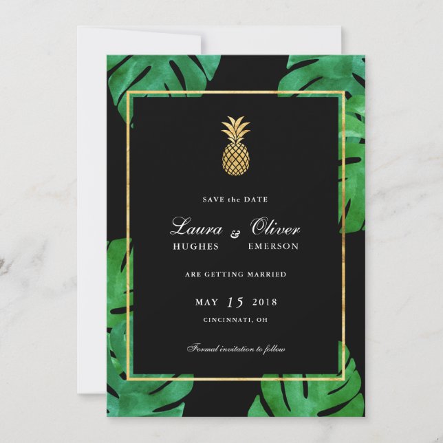 Tropische Ananas Save the Date, Schwarz und Gold Save The Date (Vorderseite)