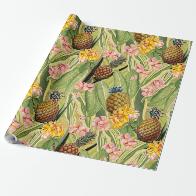 Tropische Ananas und Blume Blätter Dschungel Geschenkpapier (Ungerollt)