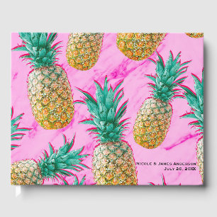 Tropische Ananas und pinkfarbene Marmorhochzeit Gästebuch