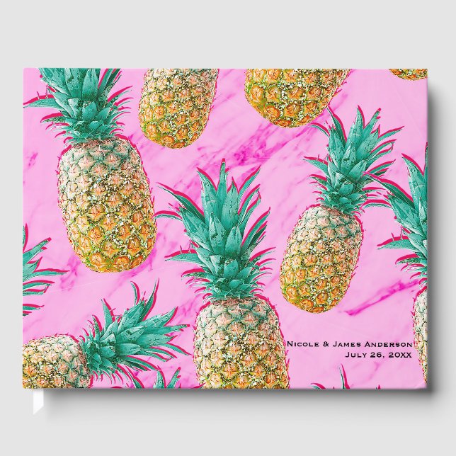 Tropische Ananas und pinkfarbene Marmorhochzeit Gästebuch (Vorderseite)