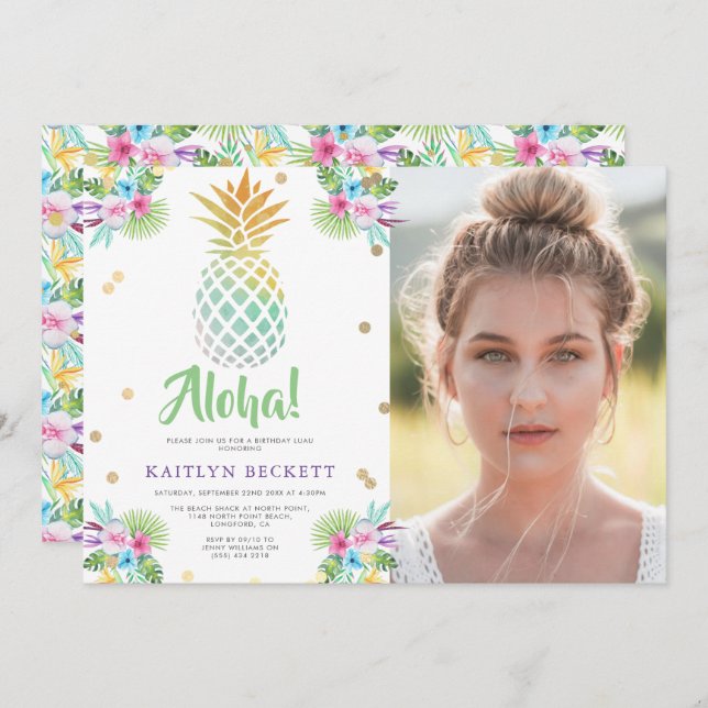 Tropische Ananas zum Geburtstag Foto Luau Einladung (Vorne/Hinten)