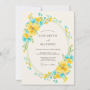Tropische Aqua-Gelb-Wildblumen-Hochzeit Einladung