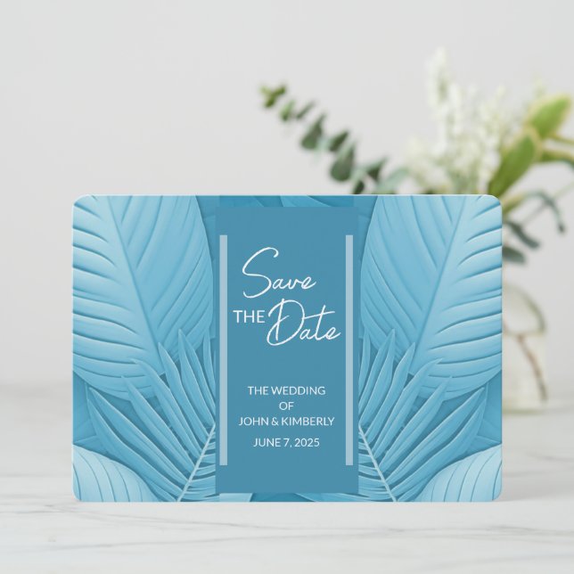 Tropische Aquamarine Hochzeit Speichern Sie die Da Save The Date (Stehend Vorderseite)