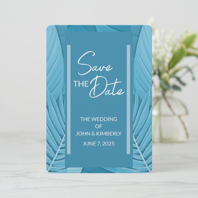 Tropische Aquamarine Hochzeit Speichern Sie die Da Save The Date (Stehend Vorderseite)