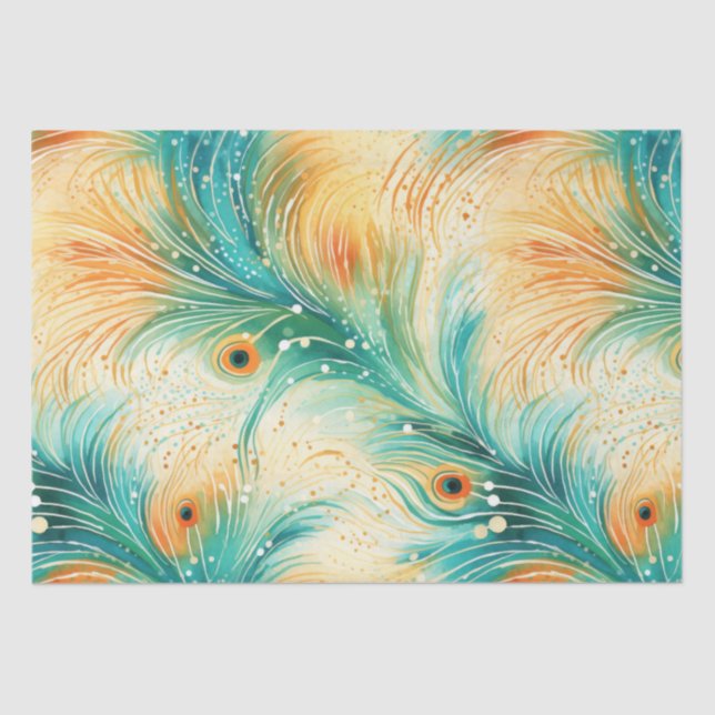 Tropische Aquamarine Peach Orange Peacock Feathers Seidenpapier (Vorderseite)