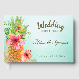 Tropische Aquarell-Blumen-Hochzeit mit Ananas Gästebuch