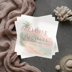 Tropische Aquarell-Insel-Sonnenuntergangs-Hochzeit Serviette