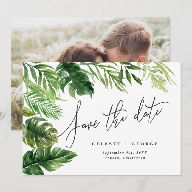 Tropische Aquarell-Laub-Blumen-Foto Save The Date (Vorne/Hinten)