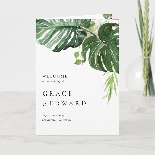 Tropische Aquarell-Monstera-Blatt-Sommerhochzeit Programm (Vorderseite)