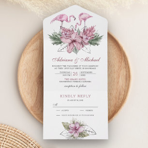 Tropische Aquarell-Rosa-Flamingo-Hochzeit All In One Einladung