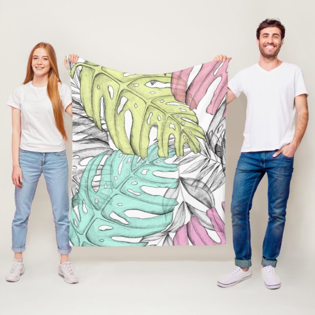 Tropische Aquarellfarbe Pastel Monstera Fleecedecke (Beispiel)