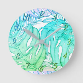 Tropische Aquarellfarbe Pastel Monstera Runde Wanduhr