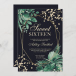 Tropische Aquarellmauer aus Gold Glitzer Süß 16 Einladung<br><div class="desc">Grüne tropische Palme Aquarell und goldene Glitzer Konfetti Typografie Sweet 16 Geburtstag mit handgemalten grünen Aquarellblättern auf dunkelblau,  perfekt für Frühjahr und Sommer Geburtstagsparty.</div>