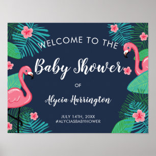 Tropische Babyparty-Begrüßung mit rosa Flamingos Poster