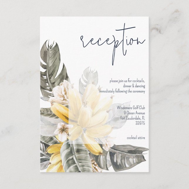 Tropische Banana-Blätter Hochzeit Empfang Begleitkarte (Vorderseite)