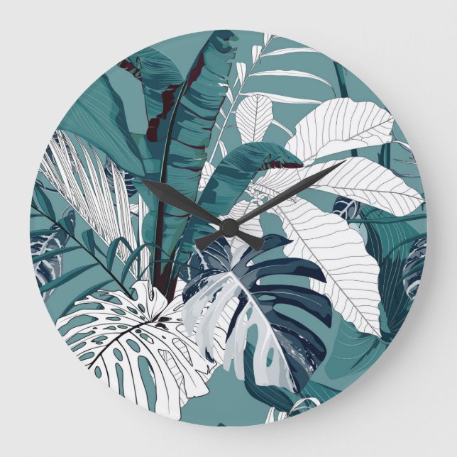 Tropische Bananen Monstera: Modisch, nahtlos. Große Wanduhr (Vorderseite)