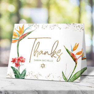 Tropische Bat Mitzwa Blumen Aquarell Goldschrift Dankeskarte