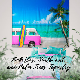 Tropische Beach Szene Fuchsia Pink Van & Surfboard Wandteppich