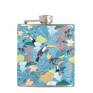 Tropische Beschaffenheit mit Toucans und Kolibris Flachmann