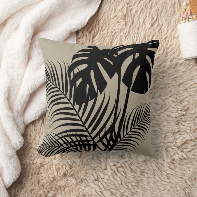 Tropische Blätter 1 Schwarz auf Tan Kissen (Decke)