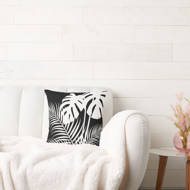 Tropische Blätter 1 Weiß auf Schwarz Kissen (Liege)