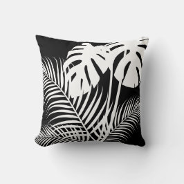 Tropische Blätter 1 Weiß auf Schwarz Kissen