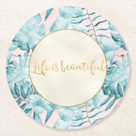 Tropische Blätter Aqua Gold Runder Pappuntersetzer