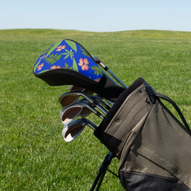 Tropische Blätter auf blau Golf Headcover (In SItu)
