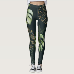 Tropische Blätter aus Gold: Dunkle Wasserfarbe Leggings