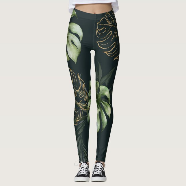 Tropische Blätter aus Gold: Dunkle Wasserfarbe Leggings (Vorderseite)
