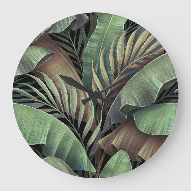Tropische Blätter aus Palmen, handgezeichnet 3D-Il Große Wanduhr (Vorderseite)