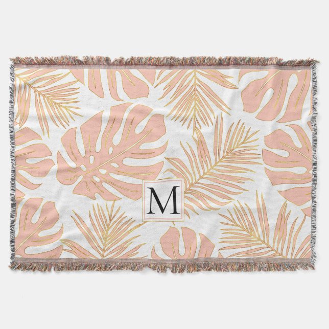 tropische Blätter aus Pfirsich und Gold und Monogr Decke (Vorderseite)