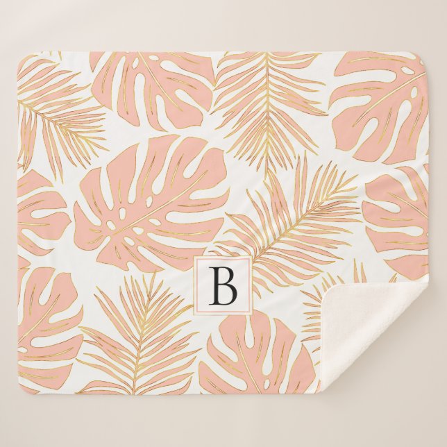 tropische Blätter aus Pfirsich und Gold und Monogr Sherpadecke (Vorderseite (Horizontal))