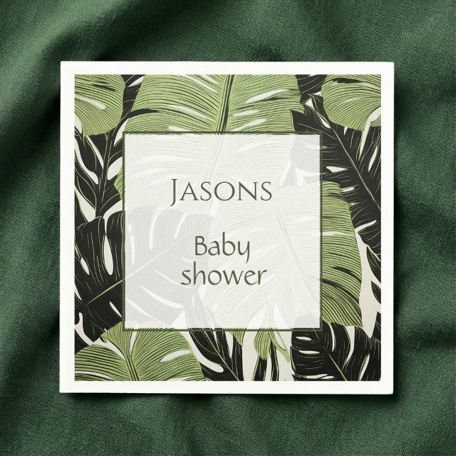Tropische Blätter Baby Dusche Name Serviette (Tropical leaves baby shower name napkin.)
