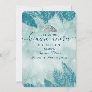 Tropische Blätter Blau bokeh tiara Quinceañera Einladung