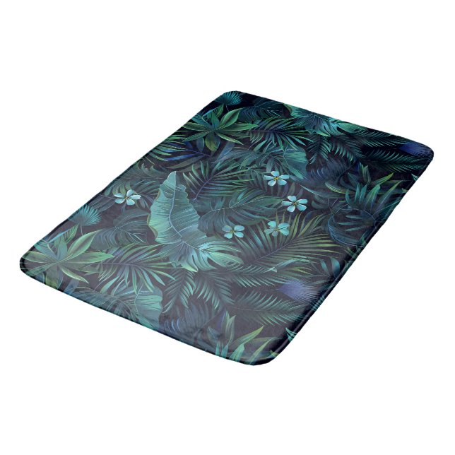Tropische Blätter Blaue Blumen Badematte (Schrägansicht)