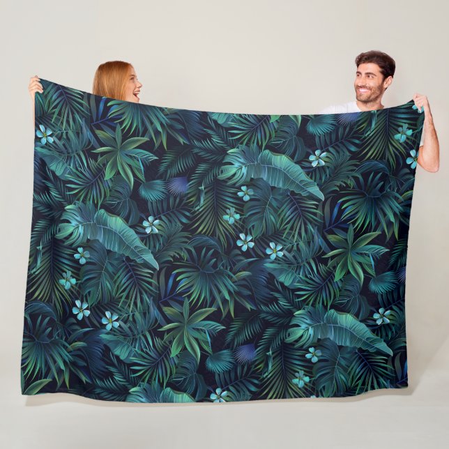 Tropische Blätter Blaue Blumen Fleecedecke (Beispiel)