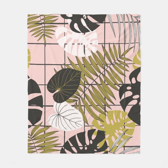 Tropische Blätter, Blume, handgemalte Muster. Fleecedecke (Vorderseite)