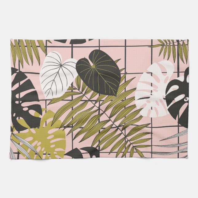 Tropische Blätter, Blume, handgemalte Muster. Geschirrtuch (Horizontal)