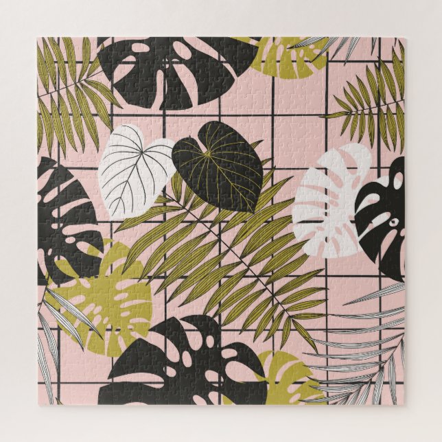 Tropische Blätter, Blume, handgemalte Muster. Puzzle (Vertikal)
