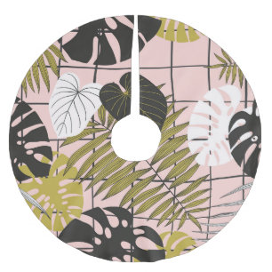 Tropische Blätter, Blumen, handgemaltes Muster. Polyester Weihnachtsbaumdecke