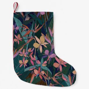 Tropische Blätter, Blumen: liniertes Vintage. Kleiner Weihnachtsstrumpf