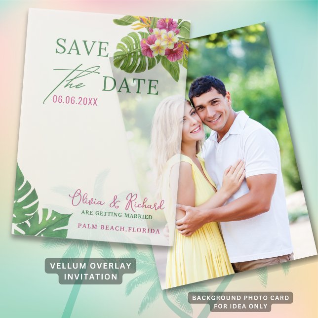 Tropische Blätter Blumenhochzeit rettet das Datum (Tropical Leaves Floral Wedding Save The Date Vellum Invitations
)