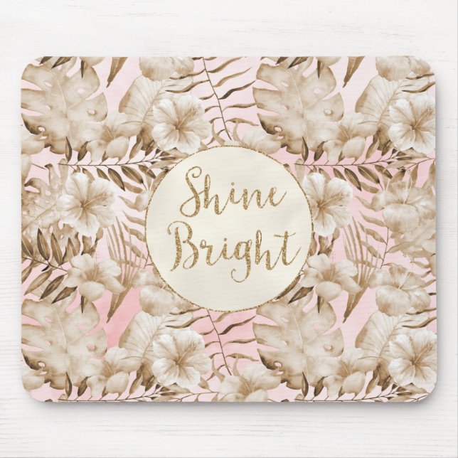 Tropische Blätter Cream Blush Gold Glitzer Shine Mousepad (Vorne)