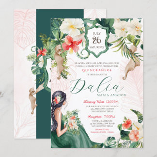 Tropische Blätter Emerald Green Floral Quinceanera Einladung